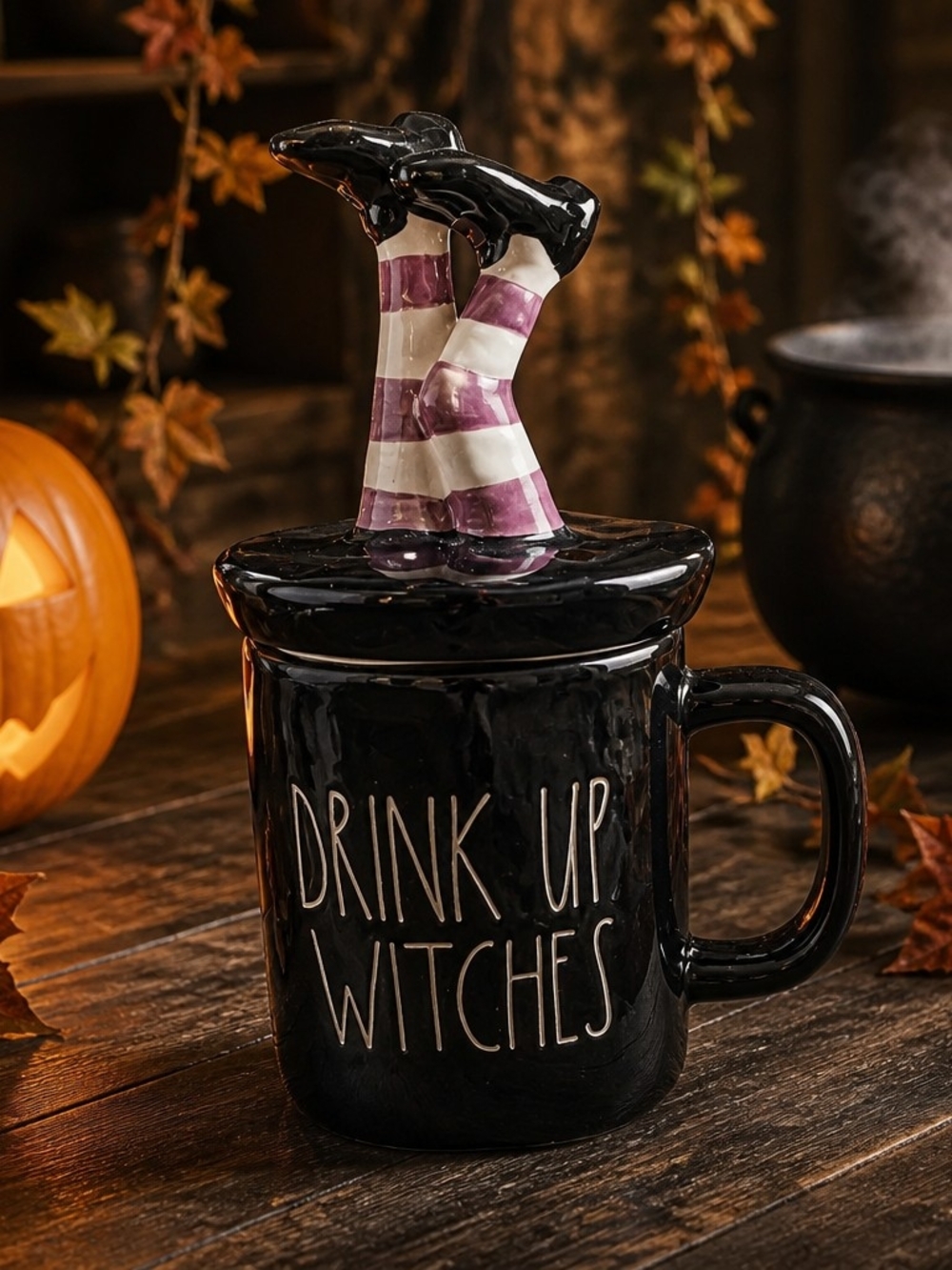 Rae Dunn Drink Up Witches Halloween Mug Witches Legs Lid Black Purple - Picture 5 of 10
